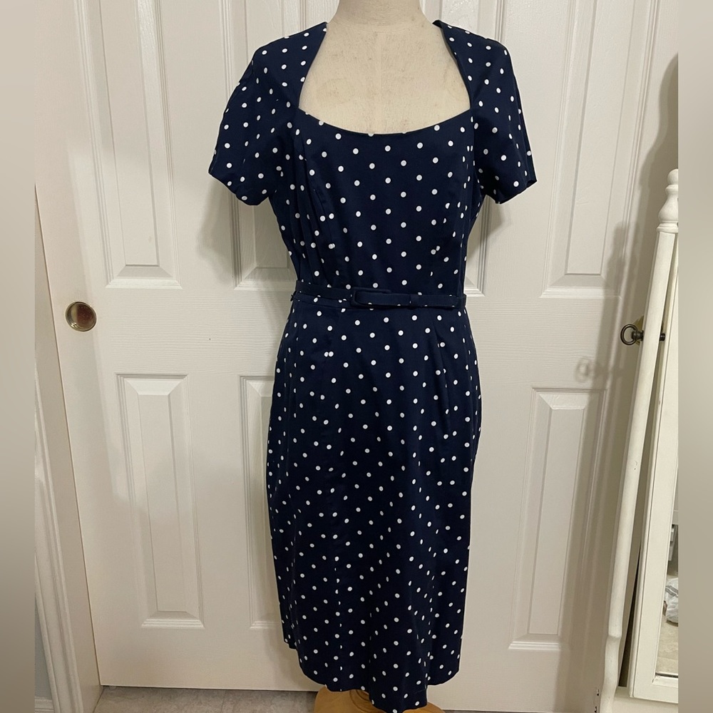 Eva Mendes for New York & Company Navy Polka Dot Midi Dress